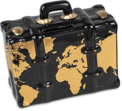 Formano Spardose Koffer oder Trolley Urlaubskasse Sparbüchse Reisekoffer mit Schlüssel und Schloss schwarz/Gold (Koffer)
