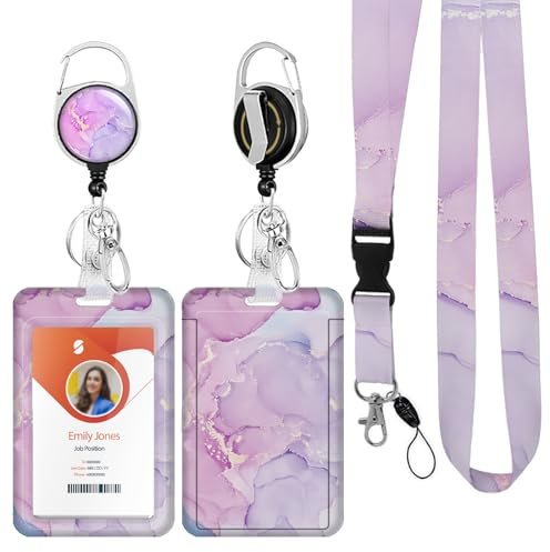 ID Badge Holder mit Lanyard, einziehbare ID Badge Card Holders Abnehmbare Hals Lanyard Strap mit Badge Reel und vertikale ID-Halter für Krankenschwester Studenten (Marble Light Purple)