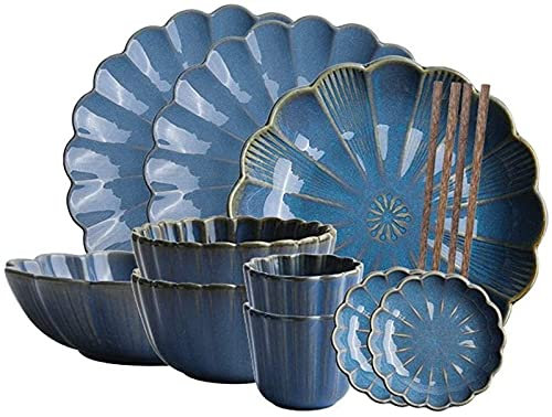 Set Piatti Piani, Set Stoviglie 12 Pezzi, Set Piatti Spessi E Durevoli, Piatti Creativi A Forma Di Fiore, Compresi Piatti, Ciotole E Tazze, Servizio Per 2, Blu, Ceramica (Color : White) little