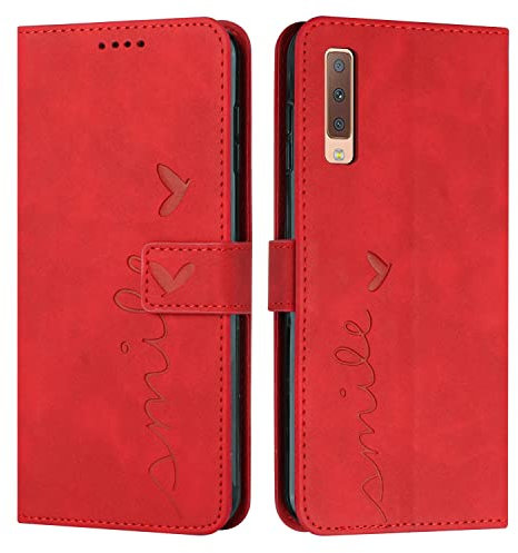 EATCYE Kompatibel mit Samsung Galaxy A7 2018 / A750 Hülle, Klapphülle Samsung A7 2018/A750 Premium PU Leder Brieftasche Schutzhülle [Kartenfach][Ständer], Handyhülle für Samsung A7 2018/A750 (#Rot)