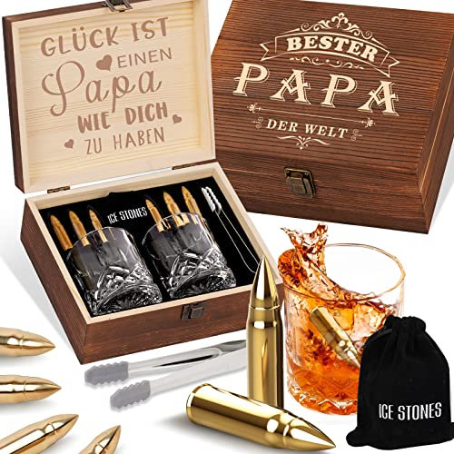 Vatertagsgeschenk für Papa Whisky Geschenkset, Geschenke zum Vatertag Männertag Herrentag Geburtstag für Vater Stiefvater Bonus Papa, Whiskey Steine Gläser Set, Geburtstagsgeschenk Herrengeschenke