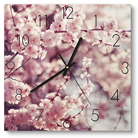 DEQORI Glasuhr | 30x30 cm | Motiv Kirschblütenzweige | ausgefallene leise Design Uhr aus Glas | Wanduhr für Wohnzimmer & Küche | moderne Hingucker Uhr für die Wand