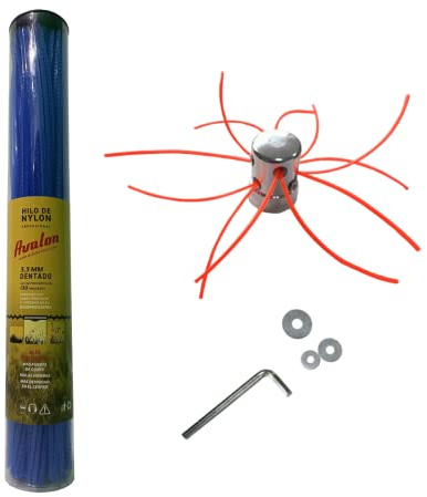 Avalon Cabezal Desbrozadora Universal Cabezal Multihilo Aluminio Profesional + Tiras de Hilo Dentado de Nylon Precortado 3,3 mm - 130 Unidades para Desbrozadora y Cortacésped