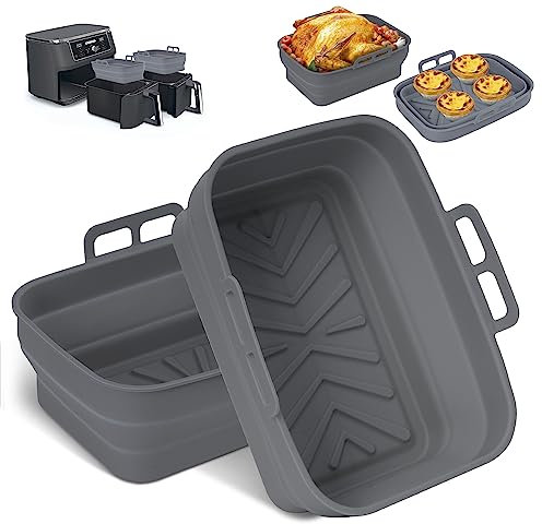 Pietuley Silicone Air Fryer Liners for Ninja Dual Pot, 2PCS Foldable Tower Basket, Accessories Reusable Insert, Rectangle Airfryer Baking Tray (Grey)