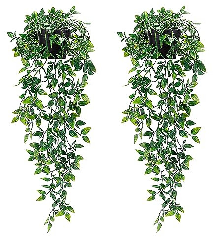Pianta Artificiale Sospesa da Appendere, 2 Pezzi Pianta Finta Cadente con Vaso, Plastica Piante Finte Rampicanti Artificiali per Interno Esterno, Soggiorno, Cucina, Giardini