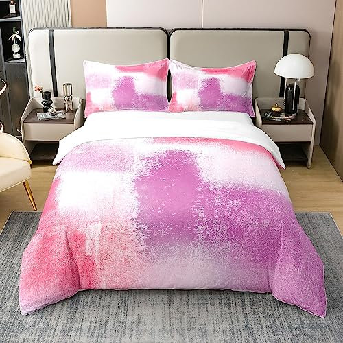Funda de edredón 100% natural rosa grunge Super King, juego de ropa de cama abstracto, funda de edredón degradada de acuarela blanca, juegos de cama de tinta fluida geométrica degradada con 2 fundas