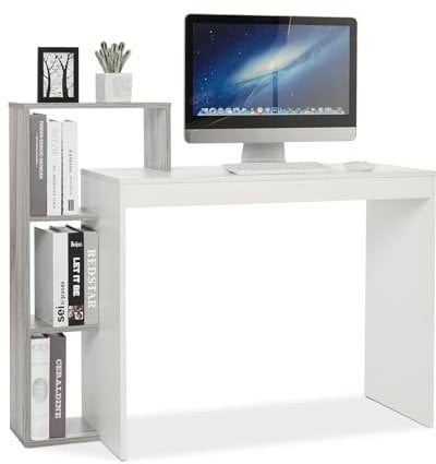 Mondeer FSDK23GY Escritorio Ordenador con Estante, Madera de ingeniería, Blanco y Gris, 110 x 40 x 92 cm