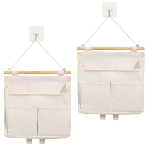 Portaoggetti da Appendere, Stoffa Organizzatore in Lino, Porta Oggetti Bagno da Appendere, Tasche Portaoggetti da Parete con 3 Tasche e 2 Gancio Organizer da Appendere al Muro per Cucina Bagno(2pcs)