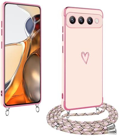 Jeelar ESONG Coque pour Google Pixel 7 Pro avec Cordon de Collier,Ultra Fine Housse pour Femme avec Motif Coeur d'amour Mignon,Antichoc en Silicone Protection Etui Lanyard Case Rose