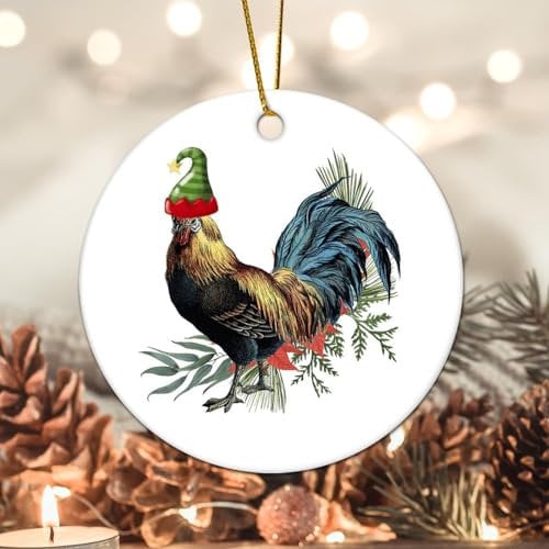 Evans1nism Christmas Round Ornament Hen Santa Hat Ceramic Ornament Farm Animals Two Side Printed Animal Breed Farmhouse Christmas Tree Decoration for Party Home 3.2 Inch Housewarming Gift