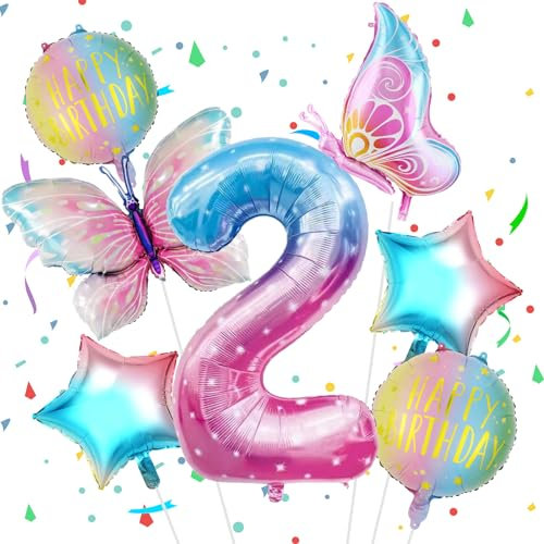 VUCDXOP Geburtstagsdeko Mädchen 2 Jahr, 2 Jahr Schmetterling Geburtstag Deko, Schmetterling Luftballon 2, Geburtstag deko 2 Jahre mädchen, Riesen Folienballon Zahl 2 für Geburtstag Party Dekoration