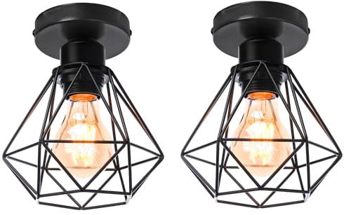 iDEGU 2 Stücke Deckenleuchten Schwarz 16cm Industrial Deckenlampe aus Metall Lampenschirm Geometrischer Käfig Retro Kronleuchter E27 Fassung Vintage Pendelleuchte für Flur Eingang Küche Schlafzimmer