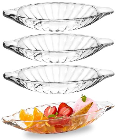 WHJY Bananen-Split-Schüsseln, Eisbecher, Eisbecher, Bananen-Split-Boote, 250 ml, Glas-Bananen-Split-Schale für Obst, Salat, Dessert, radiales Linienmuster, 4 Stück