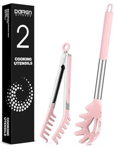 Spaghetti Spoon and Pasta Tong, Non-stick Silicone Spoon Server Fork With Teeth and Stainless Steel Handle, Food Clip for Noodles, Pink