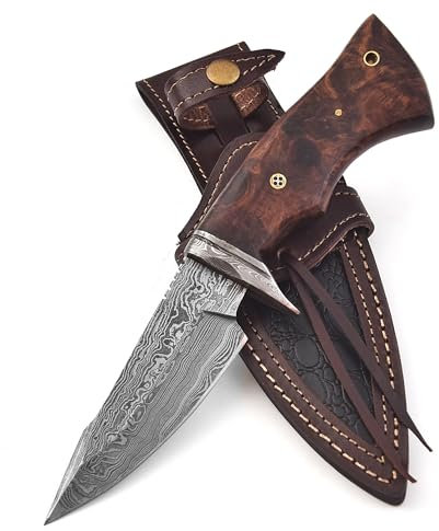 CraftTal. Jagdmesser-Taschenmesser-12 cm klinge Echtes 150 DamastStahl lagen Walnussholz Griff Ideal zum Häuten mit Lederscheide