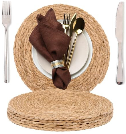 Round Woven Placemats Set of 6, Natural Handwoven Water Hyacinth Placemats,Place Mats For Table, 30CM Rustic Farmhouse Braided Wicker Table Mats for Dining,Home, Wedding Decor
