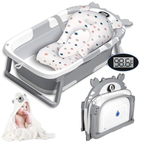 Vautvis Baby Badewanne, Baby Badewanne Faltbar Mit Thermometer und Badematte, Baby Bathtub, Babybadewanne Neugeborenes Bis Kleinkinder 0-36 Monate, Tragbare Reise Babywanne Faltbar