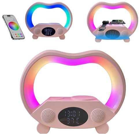 Wireless Charging Speaker,6 in 1 Night Light,Bluetooth Speaker,Wireless Phone Charger,Alarm Clock,Thermometer,Time Display,App Control Bluetooth Speaker Charger Atmosphere Lamp,Gift for Xmas (Pink)