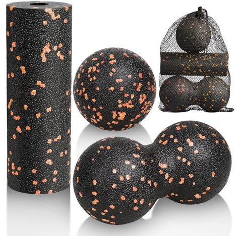 LOPHE Faszienball Set, 3 Stück Massageball und Faszienrolle set, Erdnuss Faszien Ball für Muskelschmerzen Verspannungen Osteopressur Massager Faszientraining(Schwarzer + Orangefarbener Punkt)
