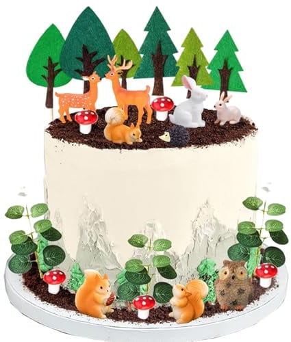 23 Stück Waldtier-Kuchenaufsätze mit Sika-Hirsch, Eule, Kaninchen, Eichhörnchen, Igelblättern, niedliche Waldtiere, Kuchendekoration für Wald-Motto-Party, Geburtstagsparty