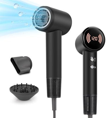 Föhn mit Diffusor & Ionen-Technologie | 1600W Haartrockner mit Temperaturanzeige, magnetischen Aufsätzen | Reduziert Frizz, Keine Hitzeschäden | Leise Bürstenloser Motor | klein & Reisefreundlich