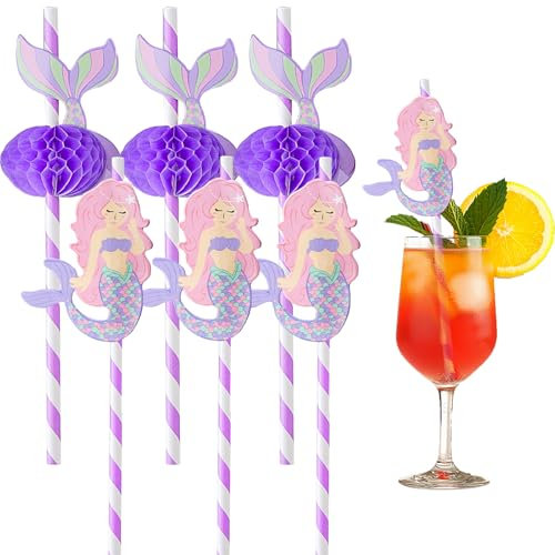 XIEXIESHER 3D Meerjungfrau Strohhalme, 50 Stück Meerjungfrau Kinderstrohhalme, Biologisch Abbaubar, Sommerparty Getränkedekoration für kalte Getränke, Smoothies, für Children's Birthday Party