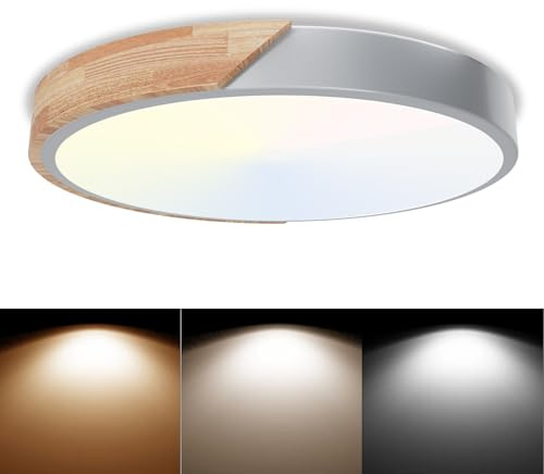 40cm LED Deckenleuchte rund,40w,6000K/4000K/3000K Deckenlampe 3 Farbtemperatur 4000LM Schlafzimmer Lampe Holz IP54 Modern Küchenlampe für Flur Wohnzimmer Badezimmer Büro Balkon Küche Keller,Grau