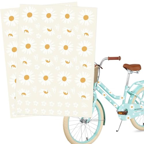 Canollo 2 Blatt Gänseblümchen Fahrrad Aufkleber, Fahrrad Sticker 29 x 21cm, Fahrradaufkleber Rahmen, Weiß Blümchen Sticker Mädchen Mit 112 Stück Motive, Wasserfest Aufkleber für Fahrrad, Laptop Deko