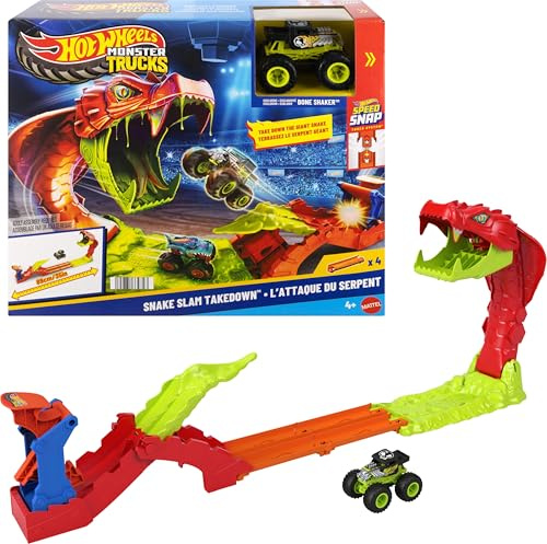 Hot Wheels Monster Trucks Snake Slam Takedown y Bone Shaker Exclusivo | Incluye camión de juguete a escala 1:64, compatible con la pista Speed Snap, JJN44