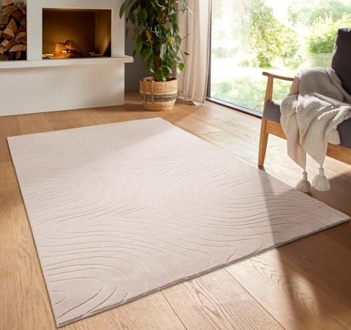 Kurzflor Boho Vintage Teppich waschbar, pflegeleicht geeignet für Wohnzimmer, Schlafzimmer und Kinderzimmer Kinderteppich auch als Badematte Badzimmerteppich Beige abstrakte Wellen 120x170 cm