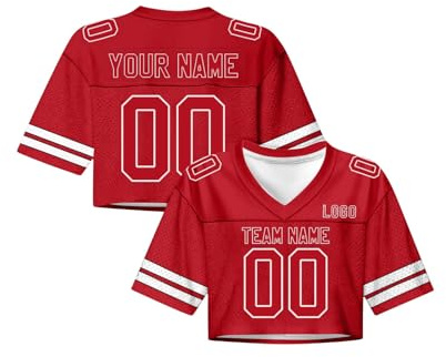 Maillot de Football Américain Personnalisé Nom/Numéro Femmes, Tenue de Pom-Pom Girl, Crop Top Y2K Streetwear Filles, Haut Court Manches Courtes Encolure V – Trendy pour Pom-Pom/Fans