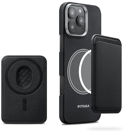 pitaka Aramidfaser Wallet Magsafe-kompatibel Ultradünn Schwarz/Grau | Aramidfaser Wallet mit 2 Kartenfächern Magsafe-kompatibel leicht und schlank für Alltag Schutz vor Entmagnetisierung