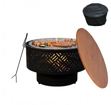 Relaxdays Feuerschale, Ø 66 cm, mit Grillrost, Deckel, Schürhaken & wasserdichter Abdeckung, Feuerstelle, schwarz/Natur