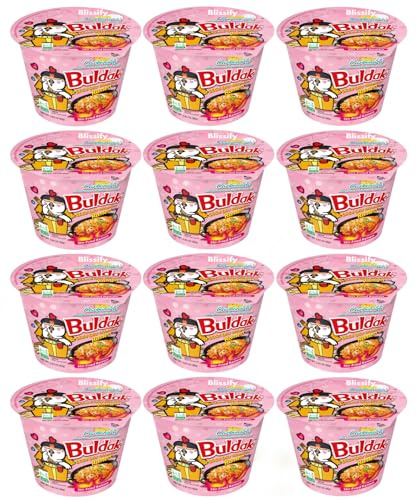 Blissify -Korean Import Hot Chicken Flavour Carbo nara Noodles Cups - Fire Fried Hot Spicy PINK Noodle (80g x 12) - By Buldak