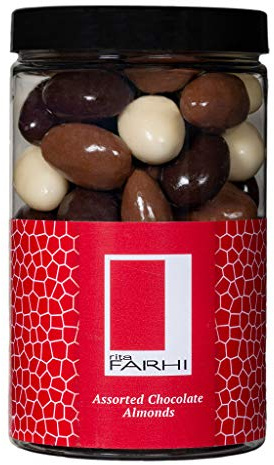 Rita Farhi Milk, Dark and White Chocolate Covered Almonds in a Gift Jar - Chocolate Coated Nuts - Chocolate Gift - 315 g - New Palm Oil Free Recipe