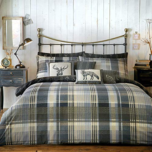 Dreams & Drapes Charcoal Grey Deer Duvet Cover Set – Super King Size 260x220cm – 100% Brushed Cotton – Reversible Woodland Design – Forest Animal Bedding with 2 Pillowcases