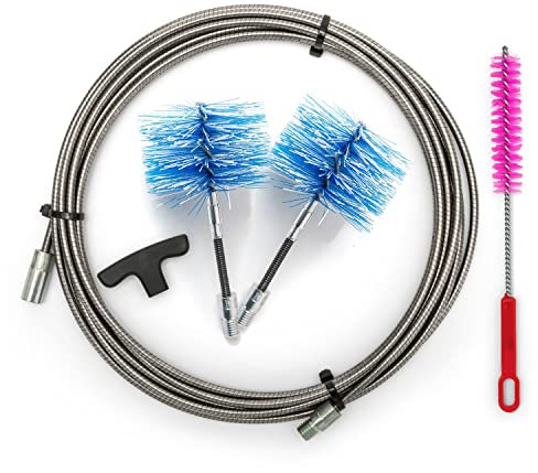 BARETTO Kit Pulizia Stufa a Pellet, Prolunga Inox di 6 Metri per la Pulizia dei Tubi della Canna Fumaria con Curvatura a 90°, Scovolino multiuso, Manico e 2 Scovoli Flex Nylon da 80 mm e 100 mm (6 M)
