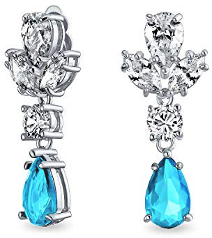Vintage Art Deco Stil Blau Simulierten Aquamarin Kubischer Zirkon Aaa Cz Erklärung Baumeln Feierliche Blatt Träne Kronleuchter Clip Auf Ohrringe Hochzeit Abschlussball Versilbert