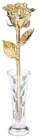 Real Rose Dipped in 24k Gold w/ Crystal Vase - Venus Rose (Open Bud) by Living Gold