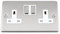 Wal Double Socket 2 Gang - Satin Matt Chrome Classic - White Insert - Metal Rocker Switch
