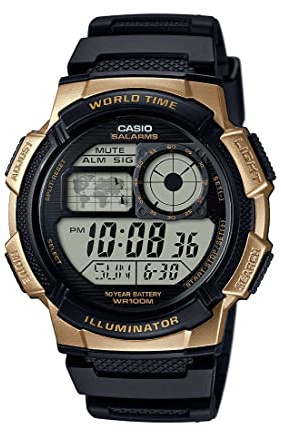 Casio AE1000W Series | Men’s Digital Watch | Black/Gold | 100M WR | Multi Alarms | 100 SEC Stopwatch | Countdown Timer | World Map for World Time | LED Light | LC Analog Display | 10 Year Battery