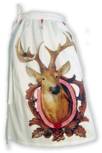 Schürzenliesl,Designer Dirndl Schürze Hirsch im Rahmen weiss, Strass, Karorüsche, Paillettenherz(70cm)