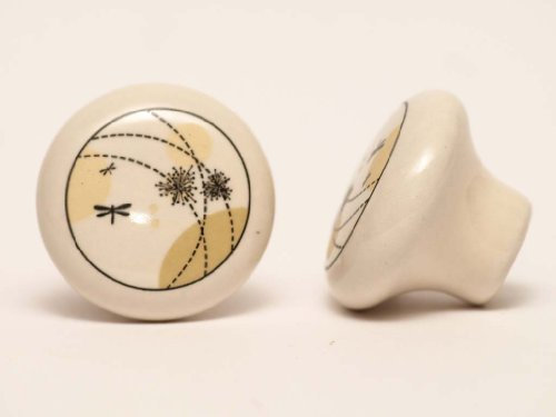 Möbelknopf Schrankgriff Schubladengriff Porzellan Creme mit Muster ø 32mm