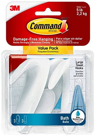 Command BATH17-3ES Large Towel Hooks, Value Pack, 3-Hooks, 3-Large Water-Resistant Strips