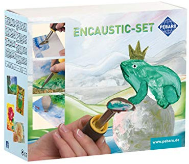Pebaro 0279 Geschenkset Encaustic inkl. Kolben, Minibügeleisen, Schreibspitze, Messingbürste, 7 Wachsmalblöcke, je 5 weiße Karten in DIN A5 und DIN A6 zum Malen, Zeichnen, Schreiben mit Wachsmalfarben, 23 x 19 cm