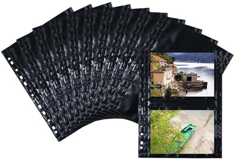 HERMA 7787 Fotohüllen für Ordner, 10 Stück, 13x18 cm quer, 2 Fächer geteilt, beidseitig bestückbare Fotophan Fotosichthüllen Sammelhüllen Postkartenhüllen Prospekthüllen mit Eurolochung, schwarz