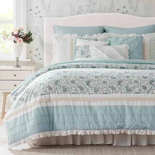 Madison Park Dawn 100% Cotton Shabby Chic Comforter Set-Modern Cottage Design All Season Down Alternative Bedding, Matching Shams, Bedskirt, Decorative Pillows, King(104x92), Aqua 9 Piece
