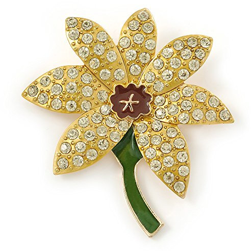 Avalaya Broche jonquille en cristal émaillé jaune/vert en plaqué or – 55 mm L