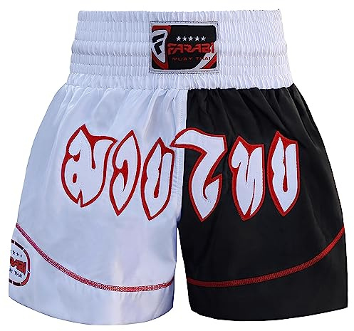 Farabi Sports Pantaloncini Muay Thai Uomo Donna Pantaloncini Kick Boxing per Arti Marziali MMA Cage Fighting Gym Training Esercizio Short Muay Thai (IT, Testo, L, Regular, Regular, White/Black)