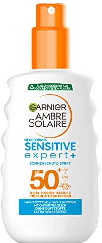 Garnier Sonnenschutz-Spray mit LSF 50+, Wasserfestes und rückstandsloses Spray für empfindliche Haut, Ambre Solaire Sensitive expert+, 1 x 200 ml